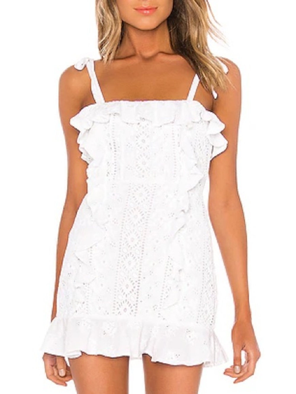 Majorelle eyelet ruffle mini dress tie straps bow mara square neck